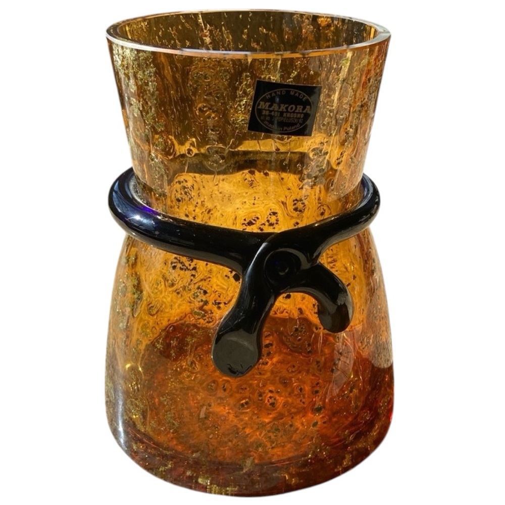 Makora Poland Amber Glass Vase with Black Bow Tie Classy Accent Sommerso Bubbles